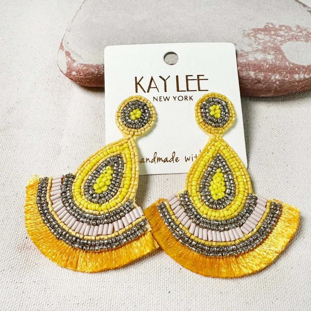 NWT Kay Lee Seed Beaded Southwestern Boho Yellow‎ Earrings Handmade
